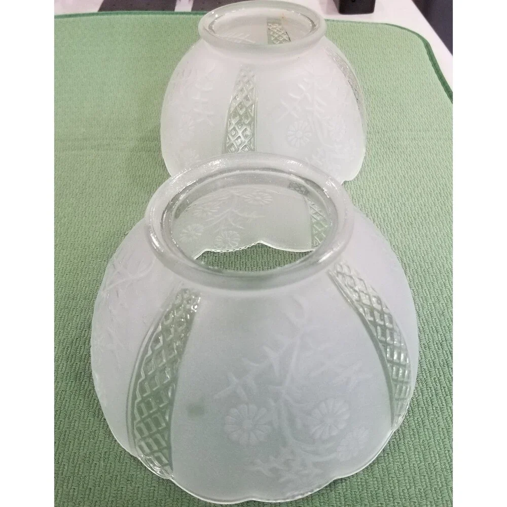 Vintage Frosted Glass Lamp Shades Pair – Floral & Diamond Pattern